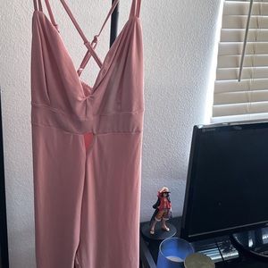 Pink spaghetti strap jumpsuit, razor back diamond cut out in the front brand new